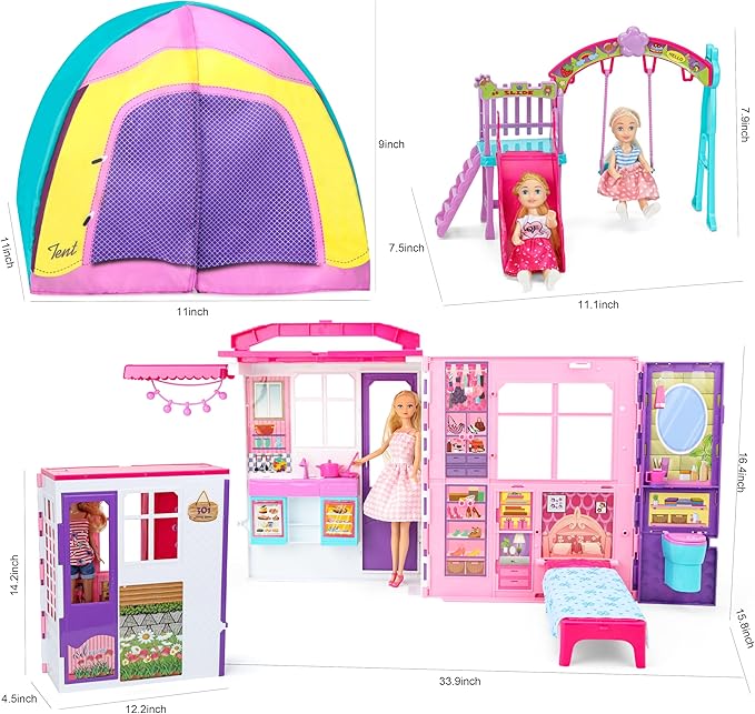 Style Shine Doll House Portable & Foldable Dollhouse w/ 60+ Pcs & 2 Dolls, Play House Toy with Bedroom Kitchen Furniture Camping Playset, Playhouse Birthday Gift for Girl Kid Toddler