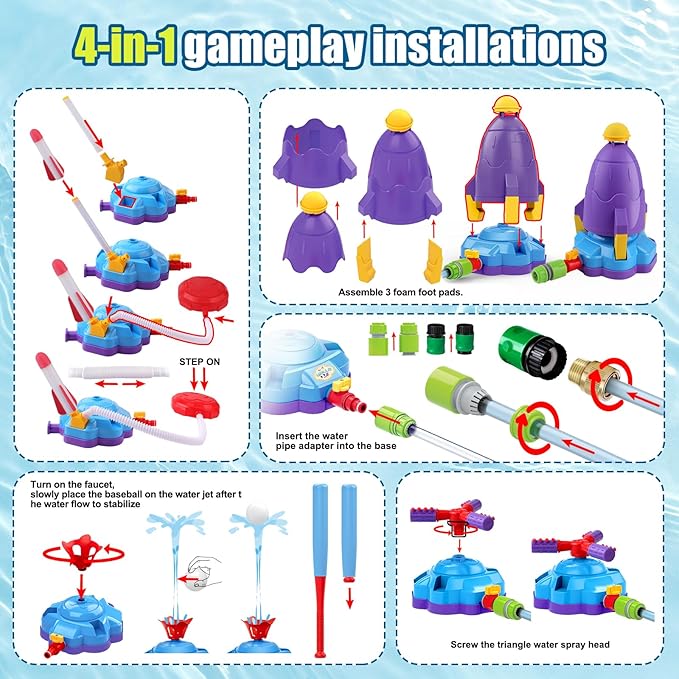 4-in-1 Water Sprinkler Baseball Toy, Water-Spraying Rocket, Water Baseball, Rocket Launch Game, Spinning Water Sprayer Outdoor Summer Toys for Boys Girls Outside Water Game Toys for Kids 3-12