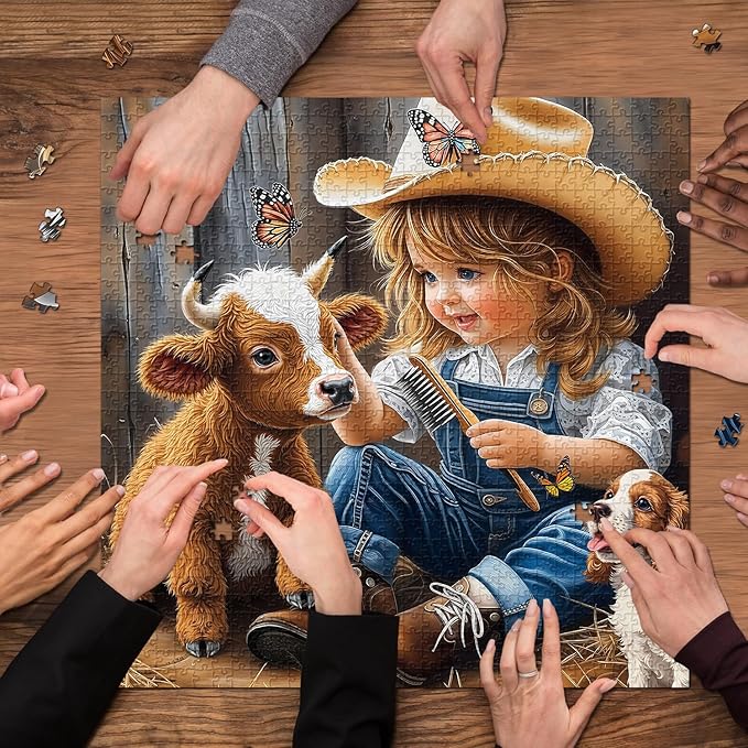 Animal Farm Puzzles for Adults 1000 Pieces, Cute Highland Cow Puppy Jigsaw Puzzles, Nature Country Farmyard Friendship Puzzle