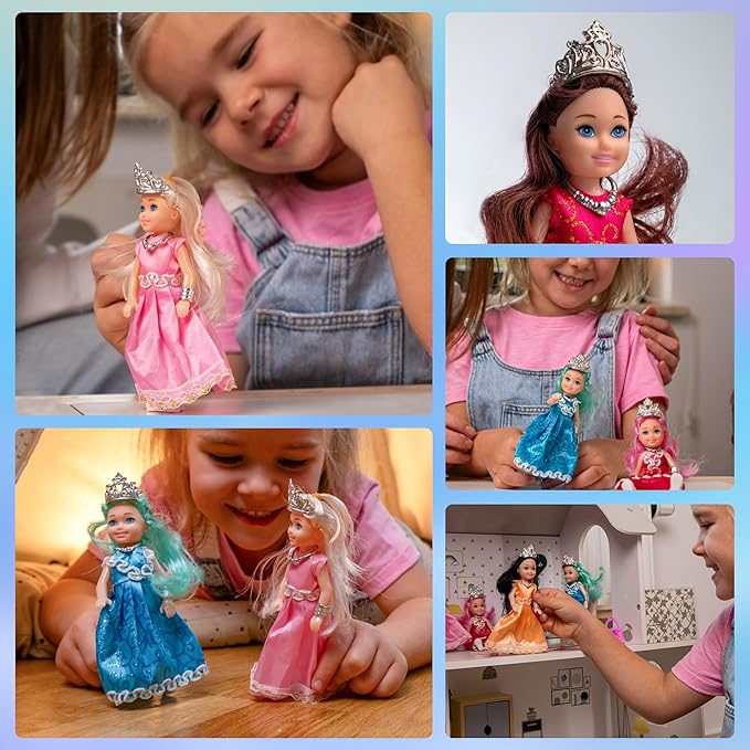 TOMLEON Princess Dolls Playset ā 6 Mini Princess Dolls with Colorful Gowns, Crowns & Jewelry ā Fantasy Role Play Set for Kids with Elegant Dresses, Accessories & Royal-Themed Box ā Gift for Ages 3+