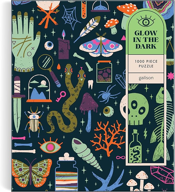 Galison Occult and Curious – 1000 Piece Glow in The Dark Jigsaw Puzzle Featuring an Eerie Collection of Creepy and Spooky Objects