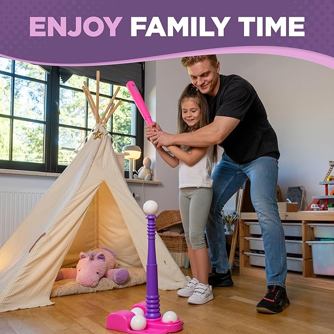 TOMLEON T Ball Stand for Girls 3-5, 5-8. Baseball Set Includes 6 Large Balls, an Adjustable Tball Batting Tee, and a Storage Net. Kids Bat and Ball, T-Ball Sets for Kids
