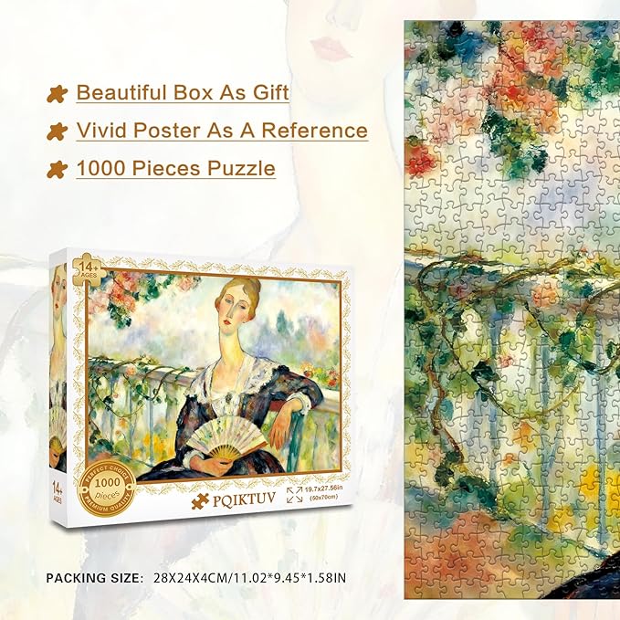 Jigsaw Puzzles 1000 Pieces for Adults Letters on Back Woman Holding a Fan Puzzle Wall Decor Impossible Puzzle Gift for Valentine Friends Parents(27.56x19.7 Inch)