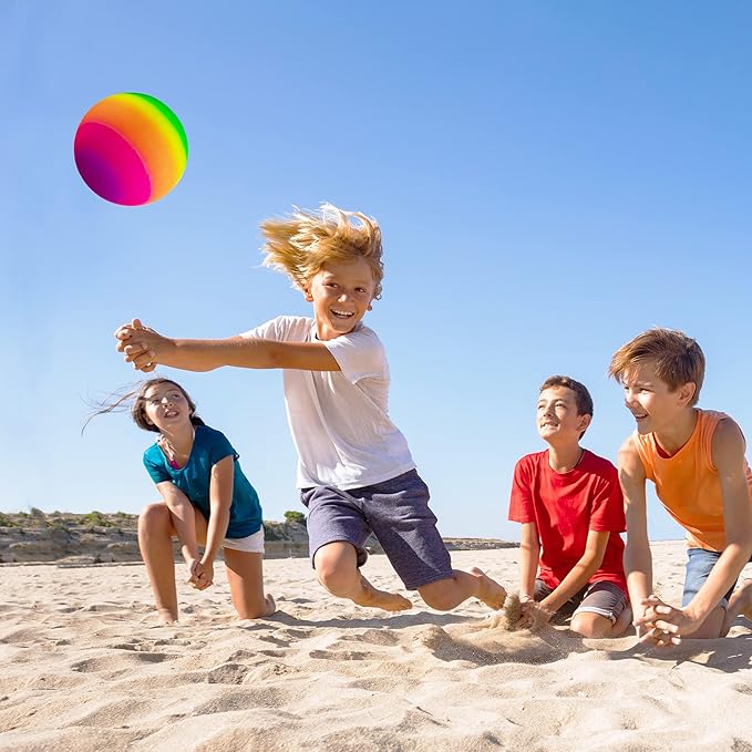 Rainbow Sports Balls Pack of 4, 1 Each of 8.5" Football, Basketball, Soccer and Volleyball for Playground, Inflatable Multi-Sport Ball Set with 1 Pump for Kids Outdoor Activities
