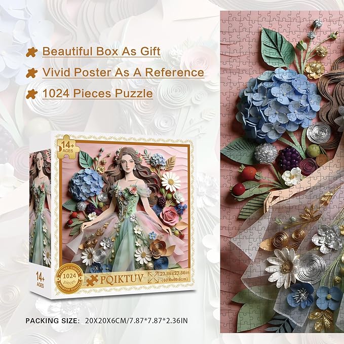 Puzzles for Adults 1024 Piece, 3D Paper Art Floral Princess Scene Jigsaw Puzzles, with Letter Markings, HD Poster, Storage Bag– Home Decor Gift for Art & Craft Lovers (23.86 x 23.86 in)