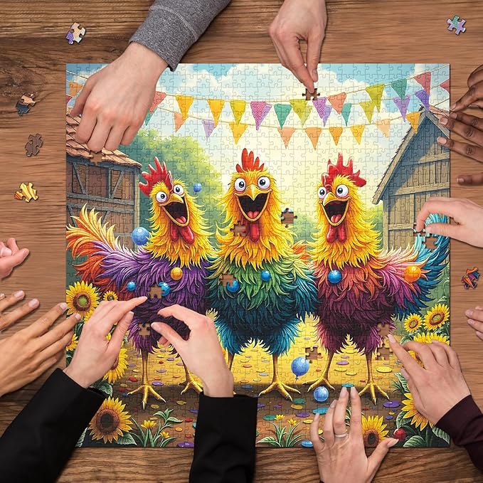 Funny Chicken Puzzles for Adults 1000 Pieces, Colorful Rooster Farm Jigsaw Puzzles, Happy Sunflower Barnyard Party Puzzle