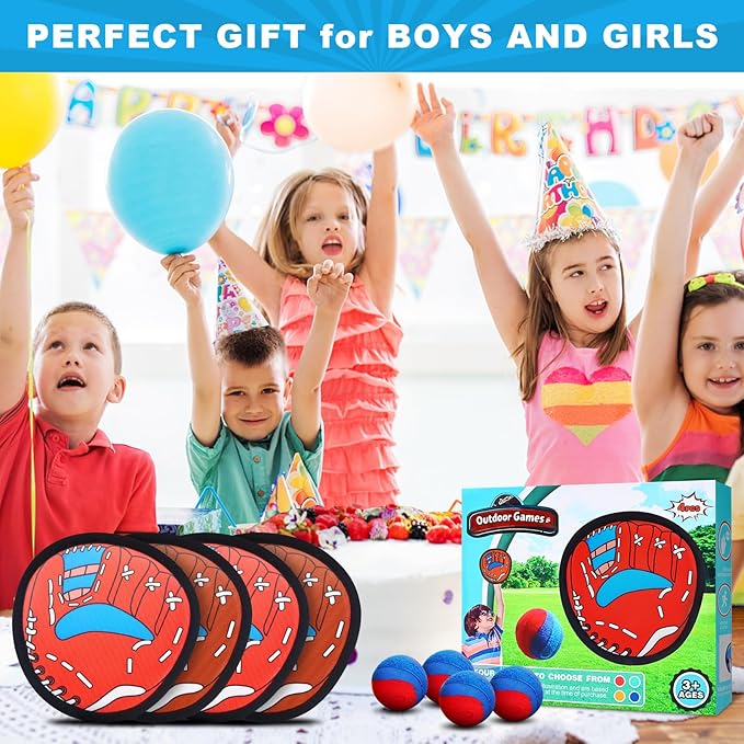 Toss and Catch Ball Game Outdoor Toys for Kids Baseball Pool Yard Outside Game Toys for Boys and Girls, Toddler Baseball Training Glove with 4 Paddles and 4 Balls