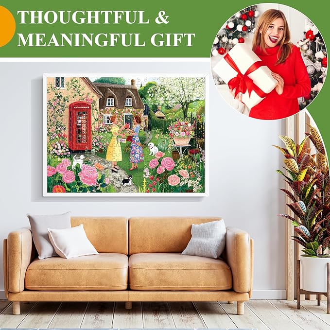 300 Piece Puzzles for Adults,Cottage Garden Puzzle for Adult Kids Seniors,Large Piece Woman Date Chat Puzzle for Kids Ages 8-10 10-12,Floral Red Phone Booth Puzzles Perfect for Game Night,20.5x15 in