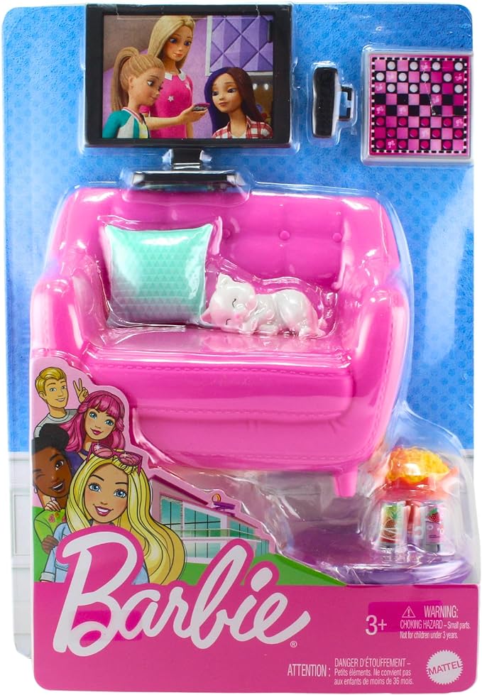 Barbie Indoor Furniture Playset, Living Room Includes Kitten, Furniture and Accessories for Movie and Game Night
