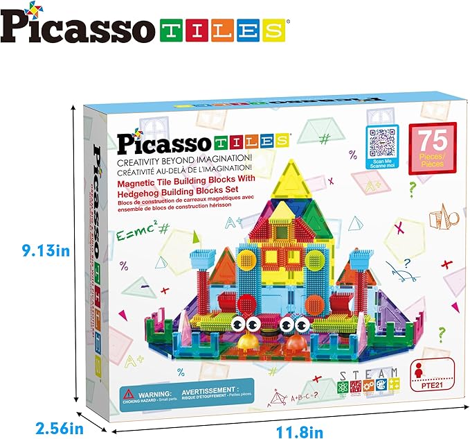 PicassoTiles Magnetic Tiles & Hedgehog 2-in1 Interlocking Brush Connector Magnet Building Blocks Construction Set Learning Playset STEM Toys Development Preschool Education Toy Toddler Age 3 Up PTE21