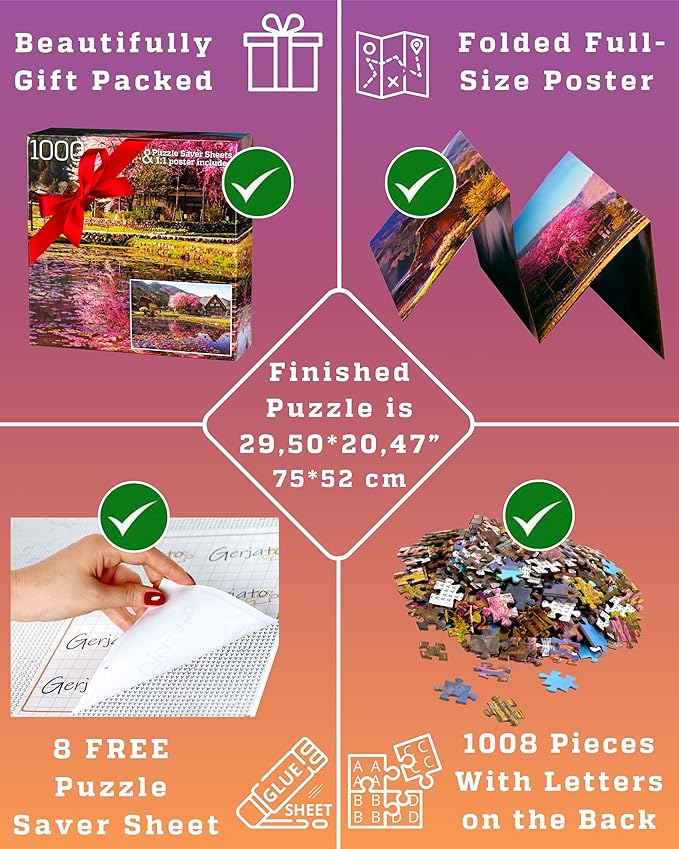 1000 Piece Puzzle for Adults - Scenic Village with Cherry Trees in Bloom, Gift-Ready Box, Letters on Back, 8 Jigsaw Puzzle Saver Sheets & Full-Size Poster by GERJATO - Ideal Gift for Loved Ones