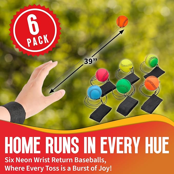 Playbees Wrist Baseballs Neon Reactive - 6 Pack - Practice Sports Balls for Fun Outdoor Activity for Kids - Spring Training, Party Favor, Baseball Season Gift, Sports Team Party Bag Filler
