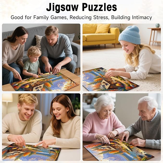 500 Piece Puzzles for Adults, Fall Landscape Jigsaw Puzzle with Letters on Back, Cabin & Mountain Lake Scene, Challenging Game Nights & Home Decor, 20×15 Inch Cardboard