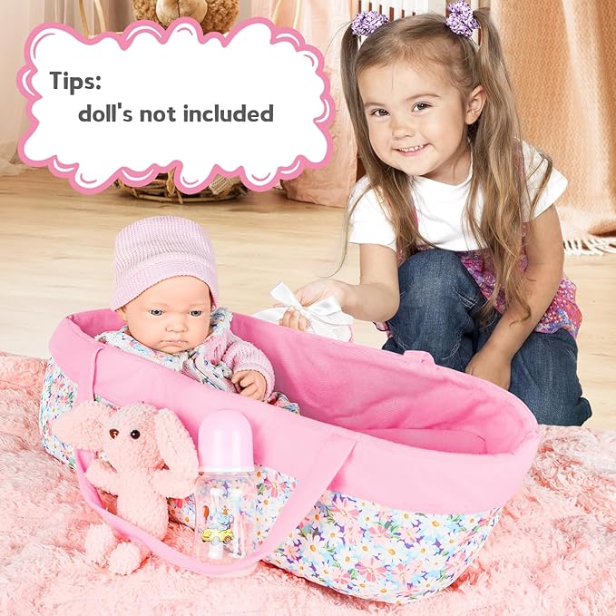 deAO Baby Doll Accessories Set Baby Doll Bassinet for 12-18 Inch Baby Dolls Includes Clothes Carrier Bed Blanket Diapers Pretend Play Set Toys for Kids