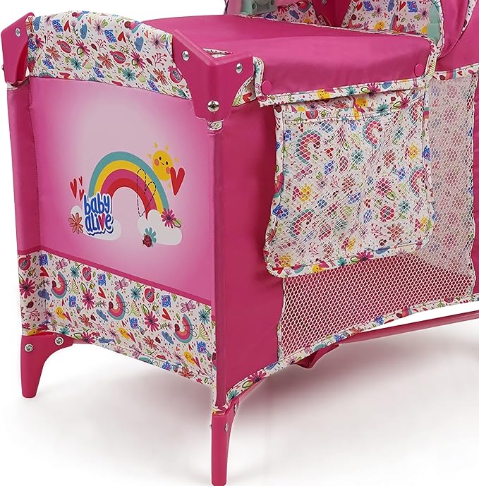 Baby Alive: Deluxe Doll Play Yard - Pink & Rainbow - Fits Dolls Up to 18", Retractable Canopy, Easy Maneuvering, Folds for Travel & Storage, Pretend Play for Kids Ages 3+