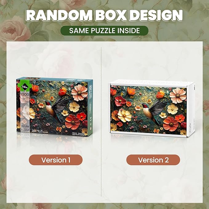 Puzzles for Adults 1000 Pieces, Vintage Flower Hummingbird Jigsaw Puzzle 1000 Pieces, Retro Bird Nature Art Themed Hard Puzzles with Letters on Back for Family Game Gift, 1:1 Poster