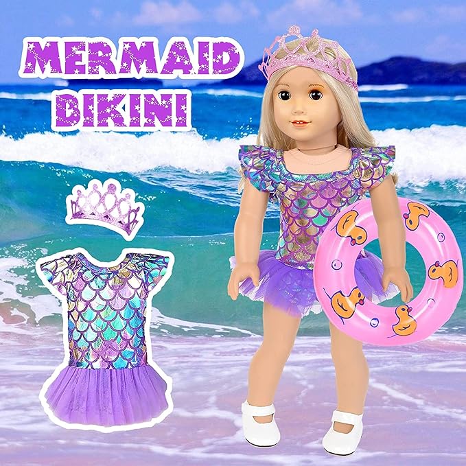 Mermaid 18 inch Doll Clothes and Doll Accessories Case Luggage Travel Play Set Include Suitcase, Dresses, Bag, Camera, Glasses, Pillow, Eyeshade Etc (No Doll)