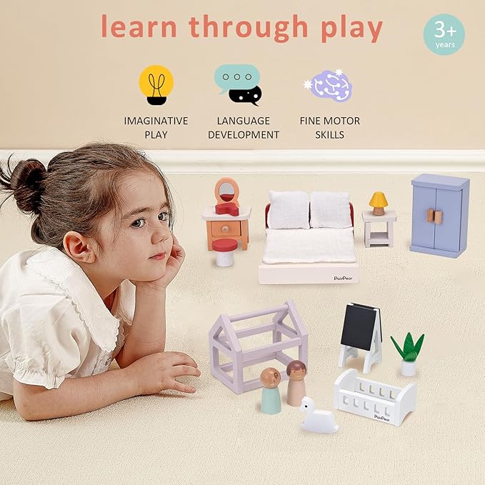 PairPear 56 Pcs Wooden Dollhouse Furniture with Family Dolls, Solid Wood Large Dollhouse Accessories for Toddlers 3 4 5 6, Pretend Play Furniture Toys Gift for Birthday and Christmas