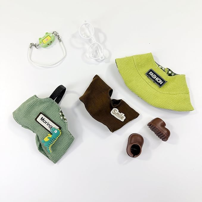Stylish Adorable 17cm Dolls Clothes, 6PCS Doll Outfits Dress-Up with Hat + Top + Pants + Glasses + Shoes + Pendant Accessories (No Dolls)