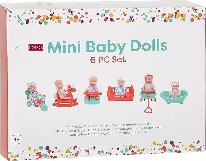 fash n kolor, 6 Mini Doll Set - 5" Inch Baby Girl Toy - Princess Toys Dolls - Baby Doll Crib, High Chair, Bathtub, Horse See Saw, Wagon and Bike Accessories - Dolls for 3+ Year Old Girls