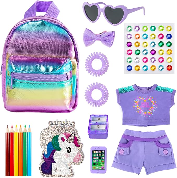 18 Inch Girl Doll Clothes and Accessories School Supplies Playset with Clothes Set, School Bags, Sunglasses, Pencils, Pencil Sharpener, Notebooks, Phone, Hair Clip, Stickers (No Dolls)