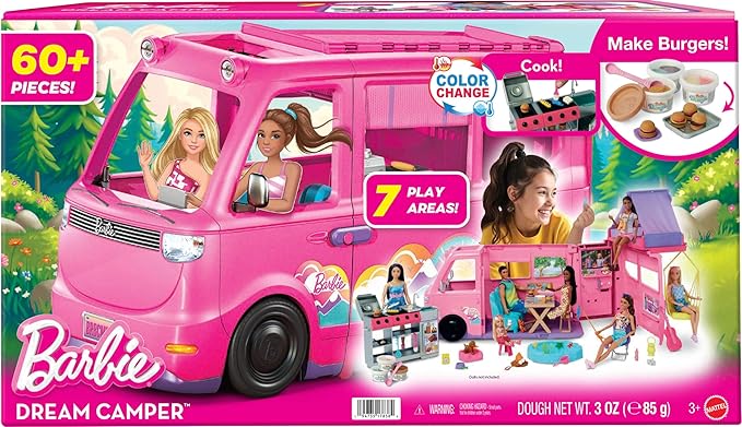 Barbie Dream Camper Playset with Roof Tent, Swing Chair, Fishing Pond, BBQ Grill with Color-Change Feature & 60+ Accessories Including Dough