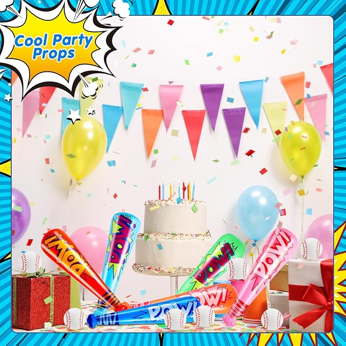 Seematn 18 Sets Inflatable Baseball Bats and Baseballs Set Includes 17 Inch Pow Inflatable Baseball Bats and 2.5 Inch Mini Foam Baseballs for Sports Party Favor Carnival Birthday (Bright Colors)