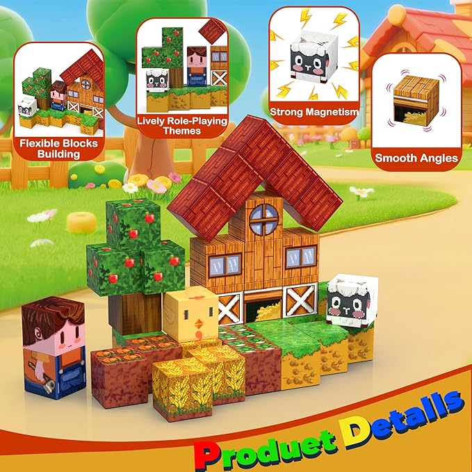 Farm Animal Magnetic Building Blocks Travel Toys, 35PCS Magnetic Cubes for Kids 3-8, Portable STEM Building Tiles with Metal Storage Box, Toddler Learning Toys for Ages 3-5,Fun Gifts, Classroom Prizes