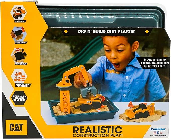 CAT Dig N’ Build Dirt Playset – 12 oz Moldable Dirt Compound, Working Crane, 2 Little Machines Vehicles, Construction Molds & Easy-Cleanup Tray, Sensory STEM Toy for Kids Ages 3 +