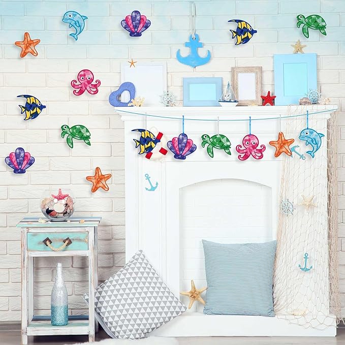 24 Sets Paper Crafts Kit with Colored Tissue Paper Sticker Tools Hanging Ornaments Suncatcher for Window Classroom Activity (24 Sets,Ocean)