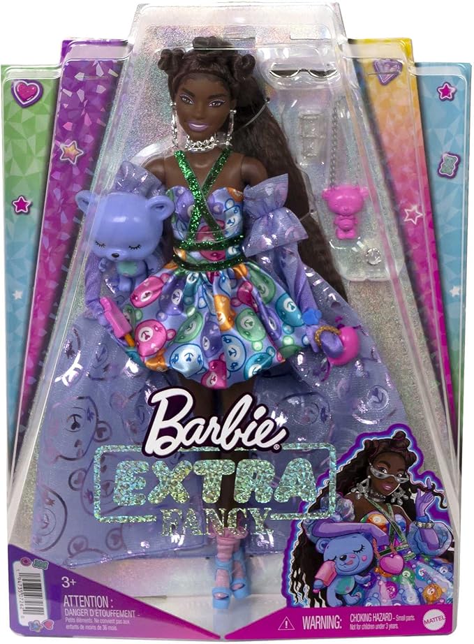 Barbie Extra Fancy Fashion Doll & Accessories Dressed in a Teddy-Print Gown with Sheer Train, Plus Teddy Bear Pet