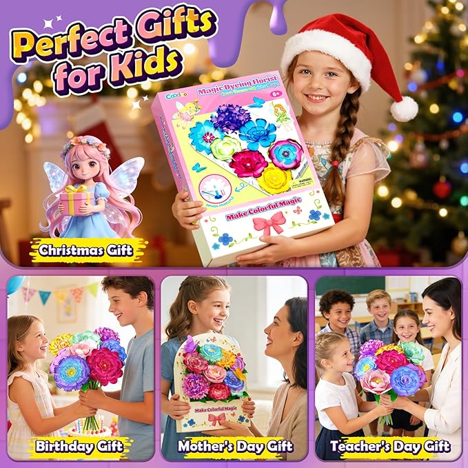 Coodoo DIY Flower Craft Kits, Magic Dyeing Florist Bouquet Maker Art Supplies Arts and Crafts for Kids Ages 4-6 4-8 8-12, STEM Montessori Toddler Kids Toys Birthday Easter Gifts for Girls Boys