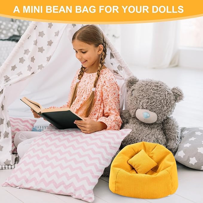 Doll Car Seat Compatible with Labubu, Handmade Bean Bag Chair for 5.9-6.7 inch Doll, Anti-Slip Bottom, Cute Doll Accessories for Display, Fans&Collectors Gifts, Durable Corduroy Fabric (Yellow)