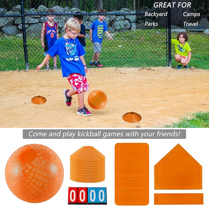 Kickball Set with Bases and Ball - 8.5" Kickball, Rubber Throw Down Bases, Sports Traning Cones, 12" Pump and 14" Scoreboard - Perfect for Kids and Adults - Playground and Backyard Game