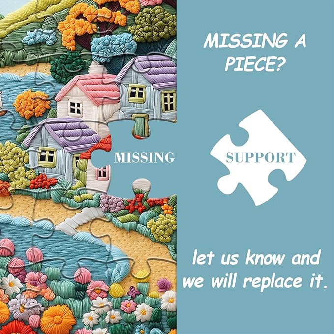 Embroidery Village Jigsaw Puzzle 1000 Pieces, Seaside House Scenery Puzzles for Adults, Beach Coastal Landscape Puzzles with Flower Tree Sailboat, Colorful Village Floral Wall Decor