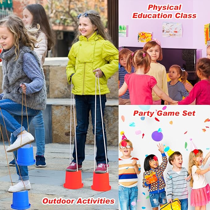 Meooeck 2 Pairs Walking Stilts Balancing Bucket Cup Thickened Plastic Stilts with Adjustable Rope for Kid Balance Coordination Birthday Playground Game Party Favor