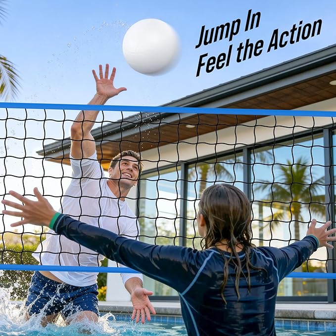 Pool Volleyball Net Set for Inground/Above Ground with Adjustable 15-30FT Length, Pool Games for Adults and Family, Poolside Volleyball Nets with Ball, Pump, Heavy Duty Poles, Weighted Base