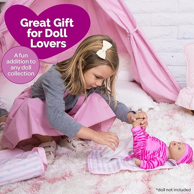 Adora Baby Doll Diaper Bag with Sturdy Straps, Includes Changing Mat and 2 Doll Diapers (Fits 13" Dolls), Birthday Gift For Ages 3+ - Classic Pastel Pink