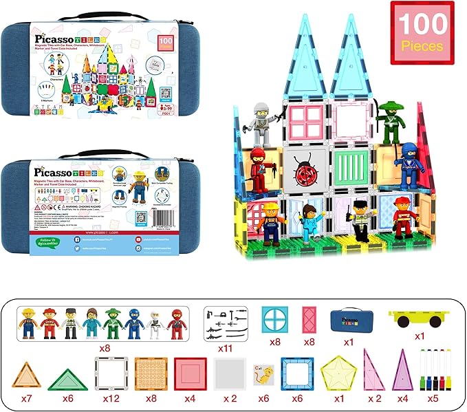 PicassoTiles 100PC Magnetic Tiles Construction Building with Carrying Case Included Block Set with Car, 8 Sets of Characters and Base Whiteboard Marker Playset Toy Kit for Boys & Girls Ages 3+ PB01