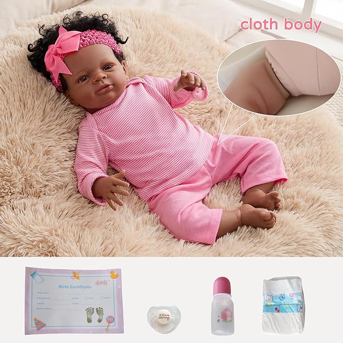 FOCKOF Realistic Reborn Baby Dolls-18 Inch Black Realistic Baby Doll Girls Soft Cloth Body Reborn Baby with Gift Box for Kids Age 3+