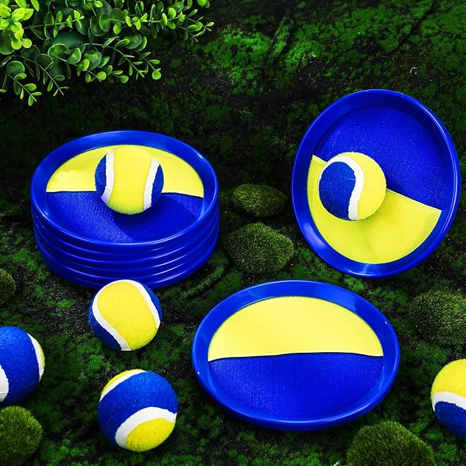 Charniol Kids Toys Toss and Catch Game Set Beach Game Outdoor Ball Sports Games Toss and Catch Ball Nylon Toys for Kids Adults(Blue Yellow,12 Paddles 6 Balls)