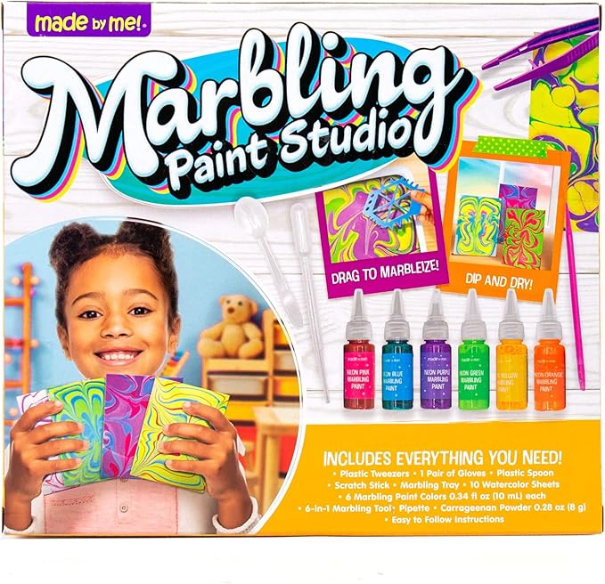 Made By Me Marbling Studio, 25-Piece Marbling Kit for Kids - Make 10 Pour Paint Art Projects - Dip & Paint Marbling Arts & Crafts for Ages 6-9 - Fun Gift (Pack of 2)