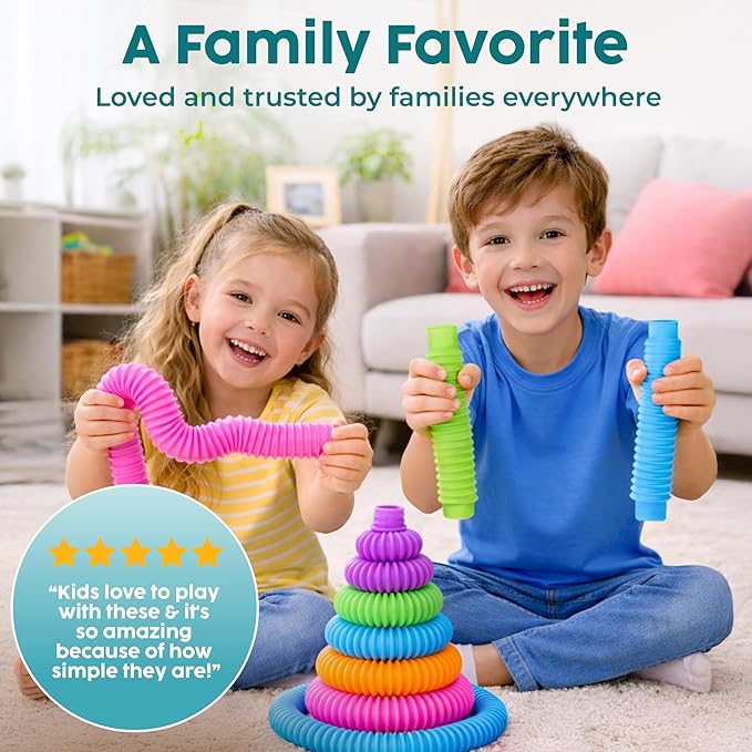 BUNMO Toddler Easter Basket Stuffers - Pop Tubes - Easter Toys - Sensory Fidget Toys - Creative Learning - Hours of Fun for Kids - Tons of Ways to Play - Non-Mouthable 3+ - 8 Pack Large