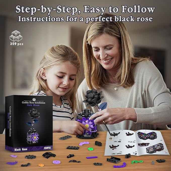 Gothic Black Roses Building Blocks Kit, Mysterious Dark Bloom with Vase Toy Building Sets for Boys Girls, 359 Pcs Artificial Flower Building Toys for Mom