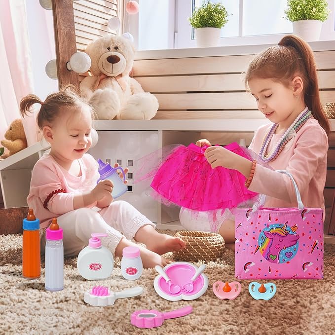 20 Pack Baby Doll Accessories, Baby Disappearing Doll Feeding and Caring Set with 2 Milk & Juice Bottles, 2 Toy Pacifier for Girls Toys Gift, Doll Clothes fit 18 Inch Doll