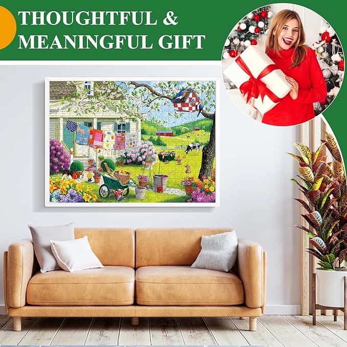 Puzzles for Adults 500 Pieces - Buzy Spring Backyard Jigsaw Puzzle, Farm Quilts Garden Cabin Puzzle, with Birdhouse,Plants and Dog for Teens 14-16, Impossible Puzzle Perfect for Game Nights 20.5x15 in