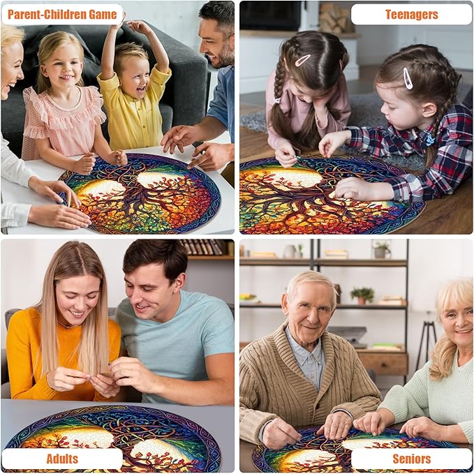 Tree of Life Puzzles for Adults 1000 Pieces - Stained Glass Jigsaw Puzzle with 3D Visual Effect, Challenging Colorful Mosaic Puzzle with Letters on Back, Challenging Hard Difficult Round Puzzles Games