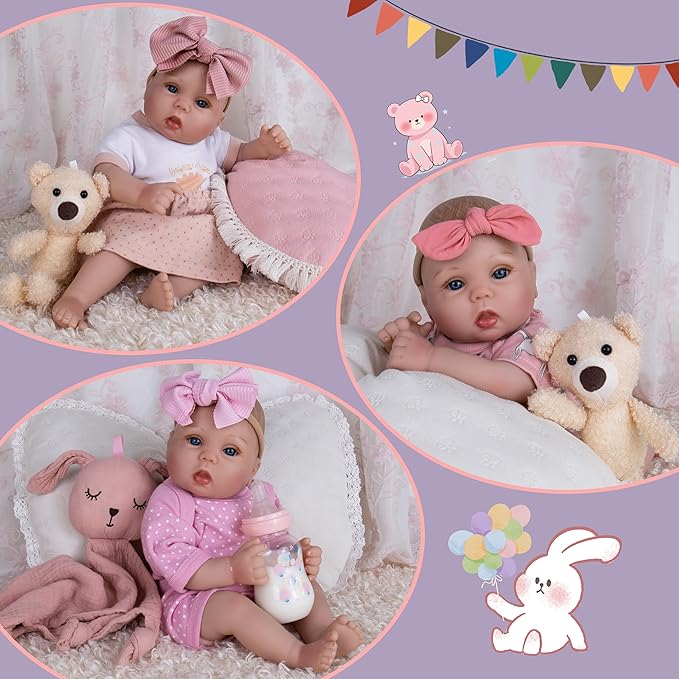 EKOKIZ Lifelike Reborn Baby Dolls - 18 Inch Realistic Baby Doll Cloth Body Newborn Girl with Elephant Outfit & Accessories, Gift Box Included for Kids Role Play, Cuddling & Collectors