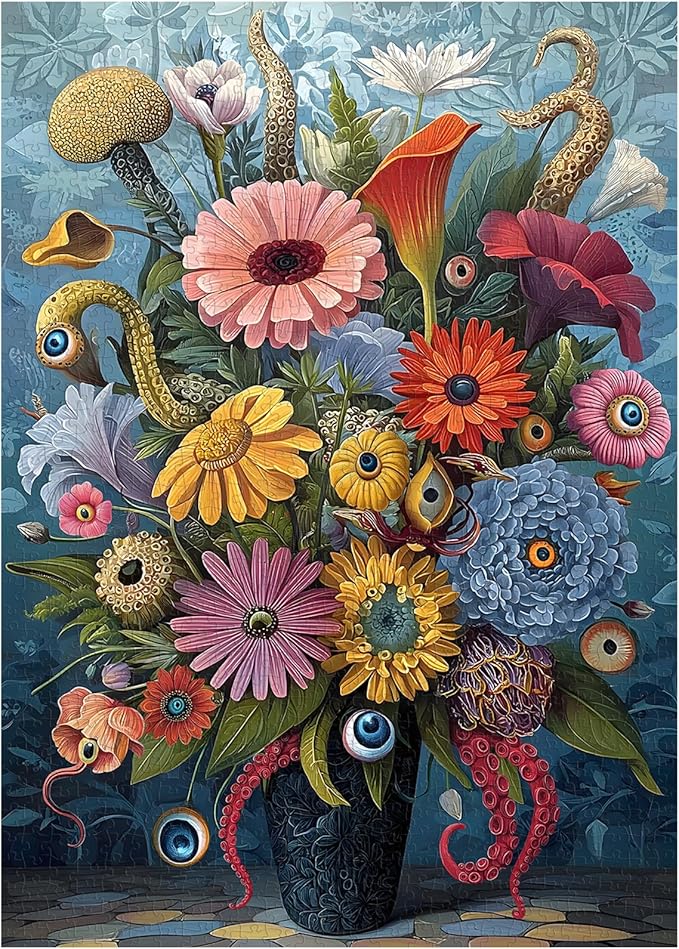 PICKFORU Horror Vase Jigsaw Puzzles 1000 Pieces, Scare Gothic Eyes Flower Puzzles for Adults, Vintage Difficult Unique Puzzle as Wall Decor