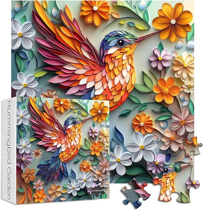 Hummingbird 1000 Piece Puzzle for Adults, PICKFORU Bird Flower Jigsaw Puzzle 1000 Pieces, Quilling Paper Cut Art Puzzles, Challenging Floral Garden Puzzle as Wall Decor